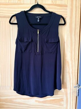 Ellen Tracy Navy Sleeveless Zip-Front Pocket Top